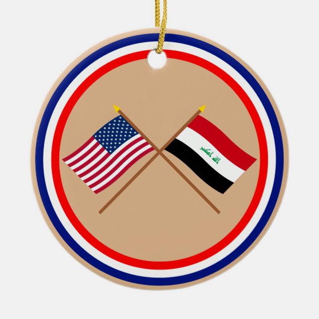 US and Iraq Crossed Flags Ceramic Tree Decoration (Front)