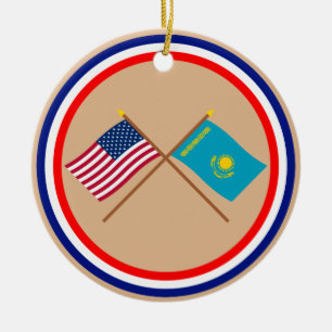 US and Kazakhstan Crossed Flags Ceramic Tree Decoration
