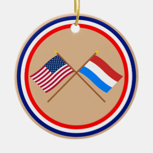 US and Luxembourg Crossed Flags Ceramic Tree Decoration