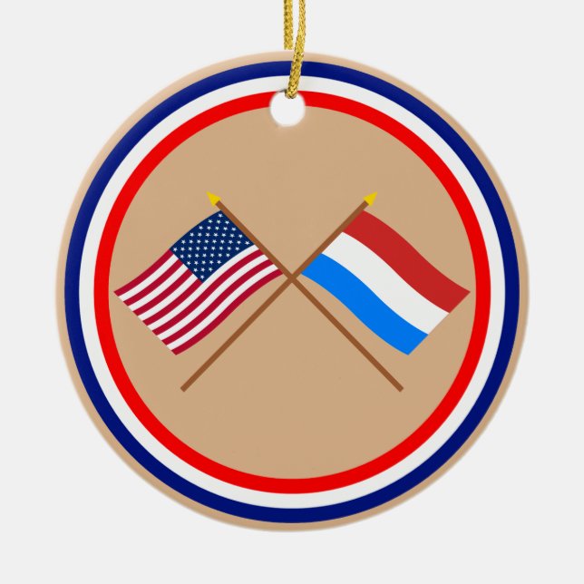 US and Luxembourg Crossed Flags Ceramic Tree Decoration (Front)