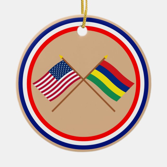 US and Mauritius Crossed Flags Ceramic Tree Decoration (Front)
