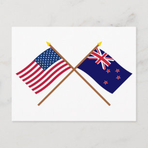US and New Zealand Crossed Flags Postcard
