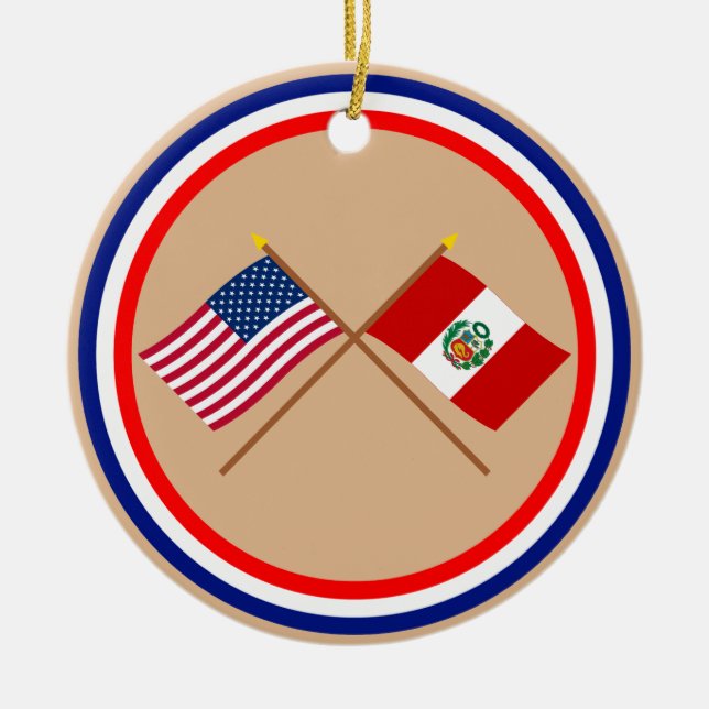US and Peru Crossed Flags Ceramic Tree Decoration (Front)