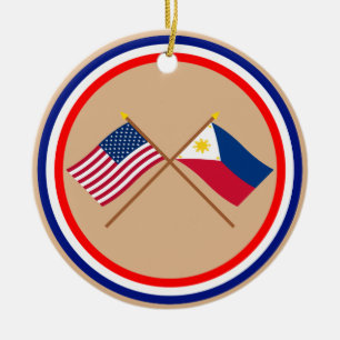 US and Philippines Crossed Flags Ceramic Tree Decoration