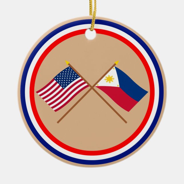 US and Philippines Crossed Flags Ceramic Tree Decoration (Front)