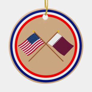 US and Qatar Crossed Flags Ceramic Tree Decoration