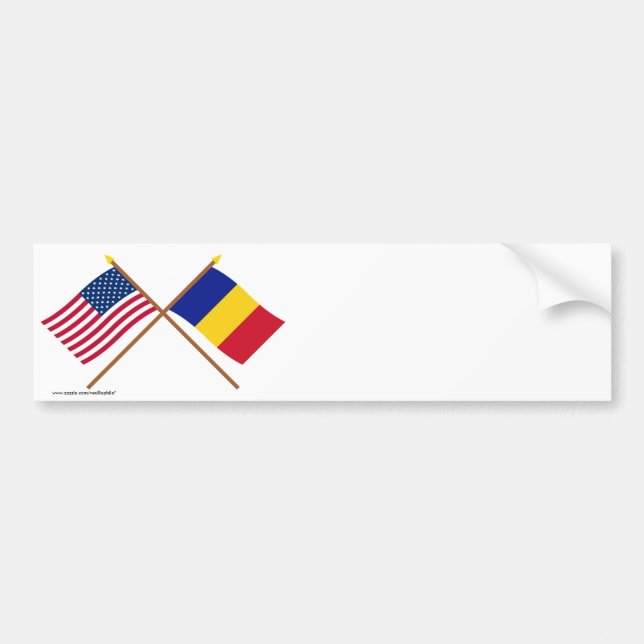 US and Romania Crossed Flags Bumper Sticker (Front)