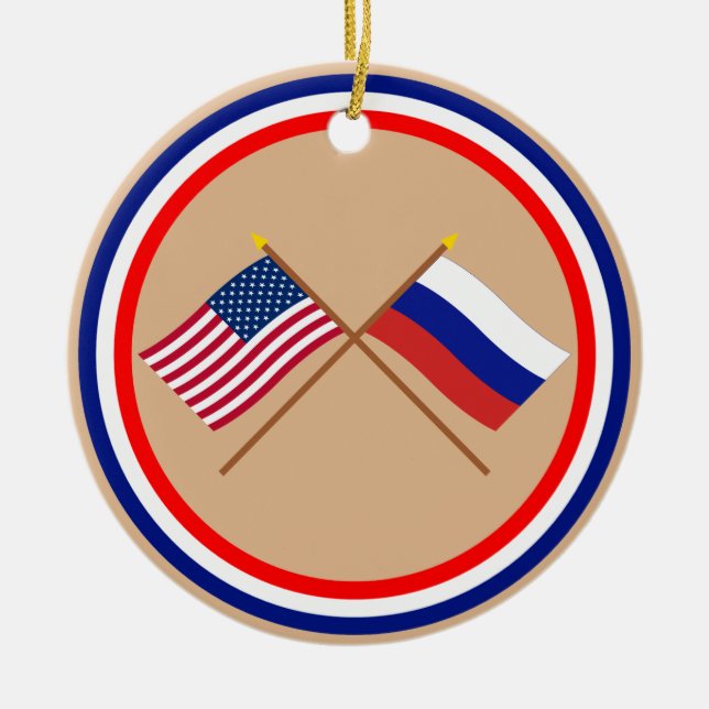 US and Russia Crossed Flags Ceramic Tree Decoration (Front)