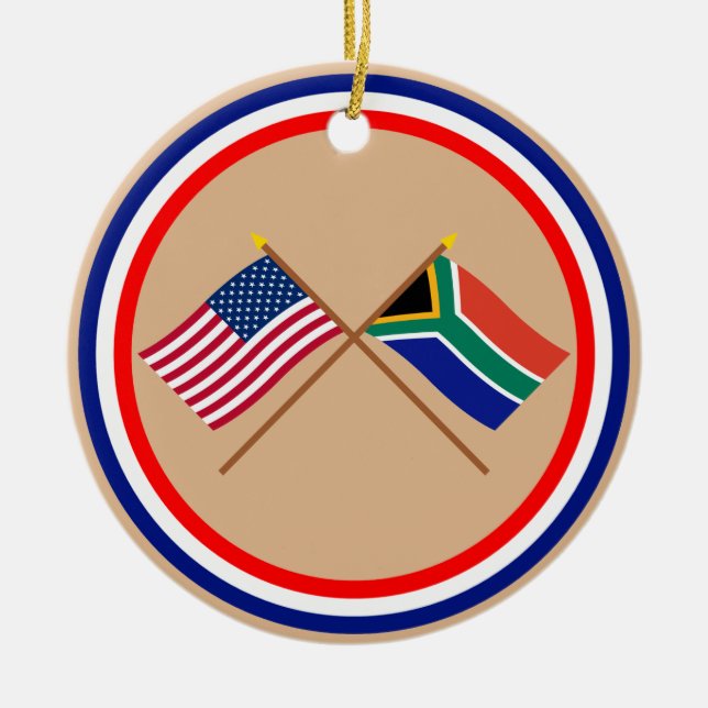 US and South Africa Crossed Flags Ceramic Tree Decoration (Front)