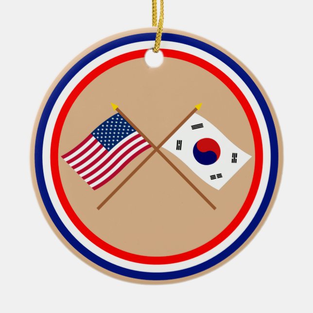 US and South Korea Crossed Flags Ceramic Tree Decoration (Front)