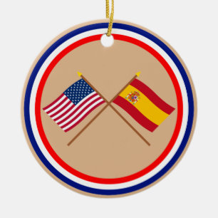 US and Spain Crossed Flags Ceramic Tree Decoration