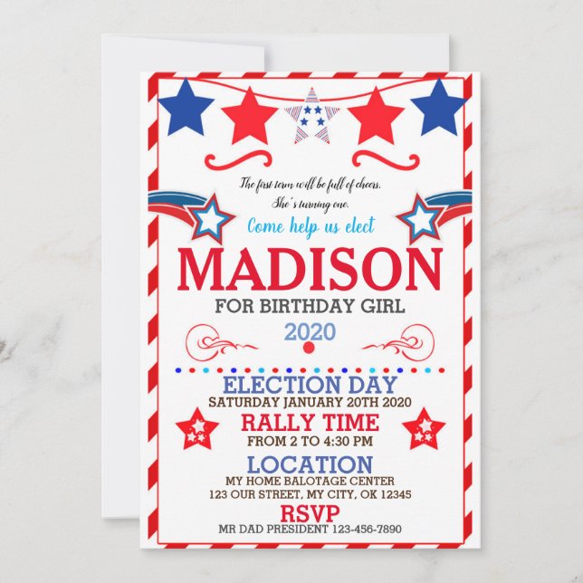 US BIRTHDAY GIRL ELECTION BIRTHDAY INVITATION (Front)