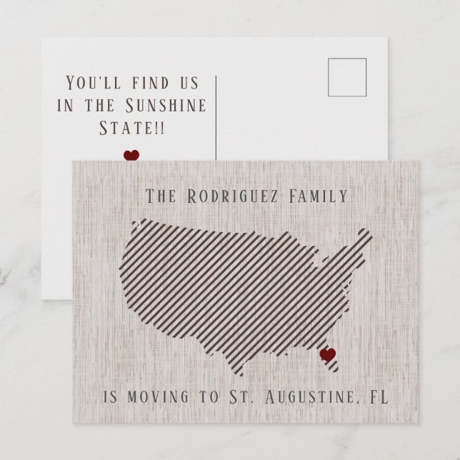 US Brown Linen and Heart Moving Announcement Postcard (Front/Back)