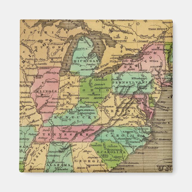 US, Canada Hand Coloured Atlas Map Magnet (Front)