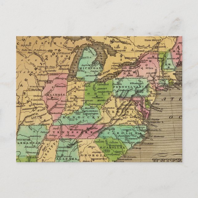 US, Canada Hand Coloured Atlas Map Postcard (Front)