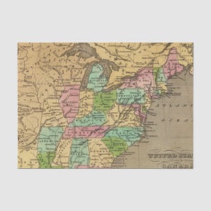 US, Canada Hand Coloured Atlas Map Tissue Paper