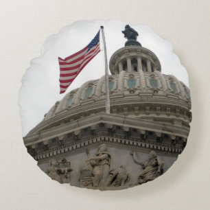 US Capitol Building with American Flag - East Round Cushion