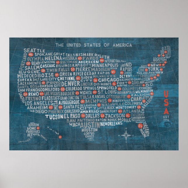 US City Map on Wood Blue Poster (Front)