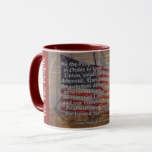 US Constitution Preamble Typography and US Flag Mug (Front Left)