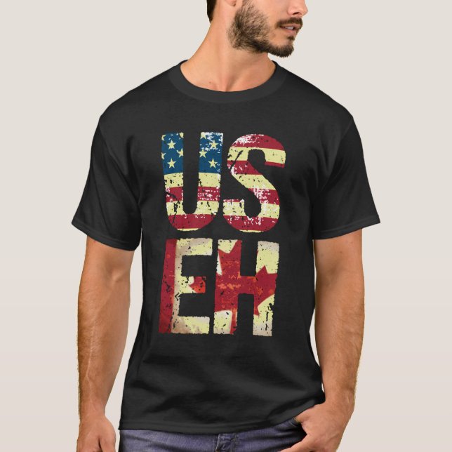 Us Eh America Canada Flag Funny American Canadian T-Shirt (Front)