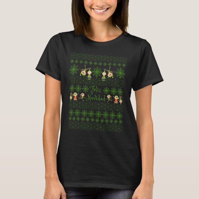 US Feliz Navidad Elf Snowflake Pattern Green T-Shirt (Front)