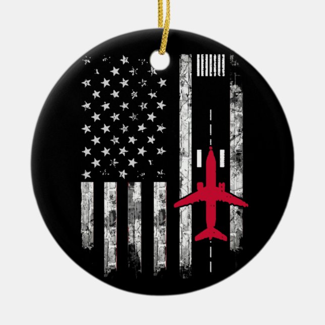 US Flag Airport Runway Aeroplane Pilot Gift Ceramic Tree Decoration (Front)