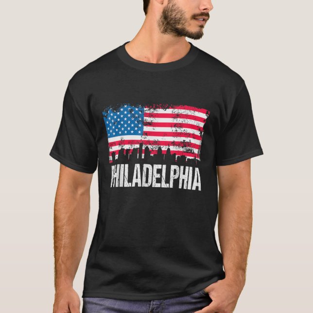 US Flag American City Skyline Philadelphia Pennsyl T-Shirt (Front)