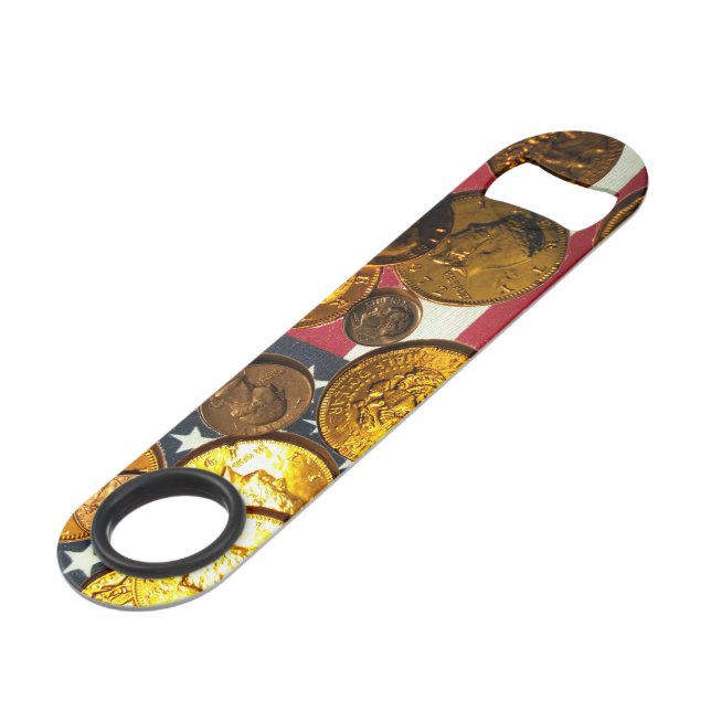 US Flag and Coins Stainless Steel Bottle Opener (Back Angled)