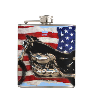 US Flag and Motorcycle Design Hip Flask