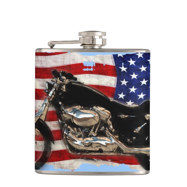 US Flag and Motorcycle Design Hip Flask (Front)
