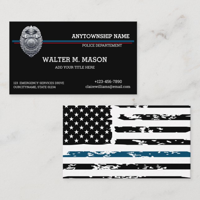  US Flag Blue Line Police Officer Silver Badge Business Card (Front/Back)