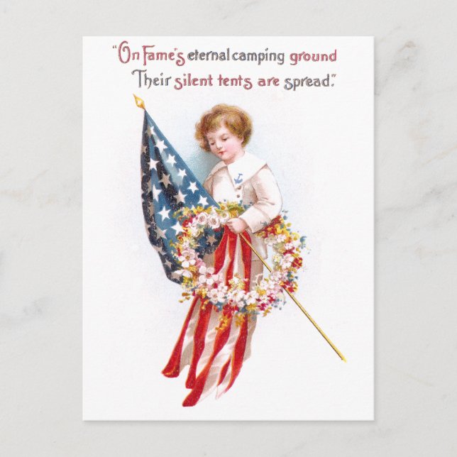US Flag, Boy and Wreath Vintage Patriotic Postcard (Front)