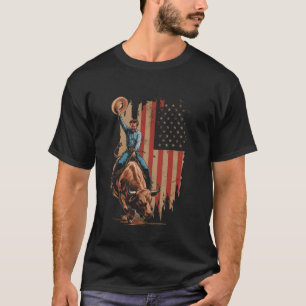 US Flag Bull Riding Cowboy Hat USA 4th Of July Pat T-Shirt