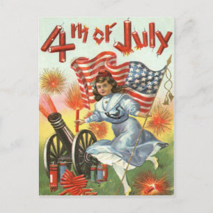 US Flag Cannon Girl Fireworks Firecracker Postcard