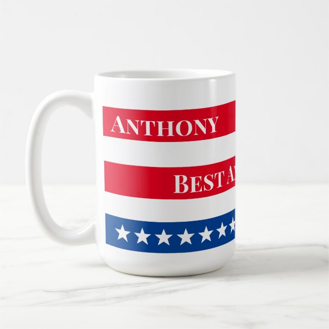 US Flag Colours Personalised Red White and Blue Coffee Mug (Left)