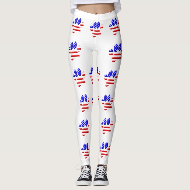 US Flag Dog Paw Print Pattern Leggings (Front)