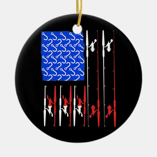 US Flag Fishing Hook Rod Fish Fisher Fisherman  Ceramic Tree Decoration (Front)