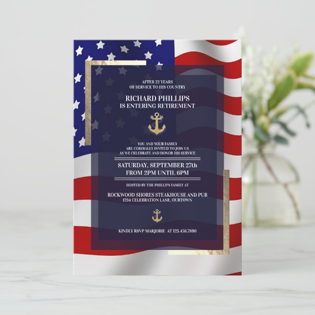 US Flag/Gold Anchor Military Retirement Party Invitation (Standing Front)