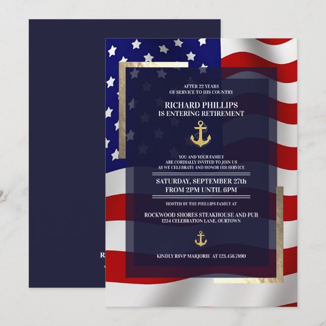US Flag/Gold Anchor Military Retirement Party Invitation (Front/Back)