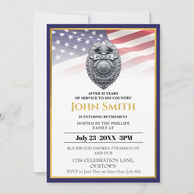 US Flag/Golden Police Officer Retirement Party  Invitation (Front)