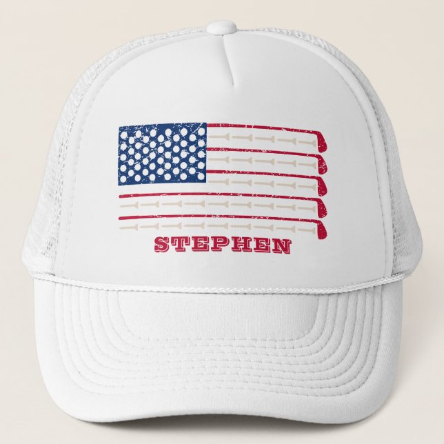US Flag Golf Club Name Trucker Hat (Front)