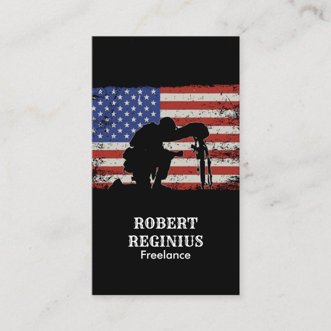 US flag grunge backs a kneeling soldier Business Card (Front)
