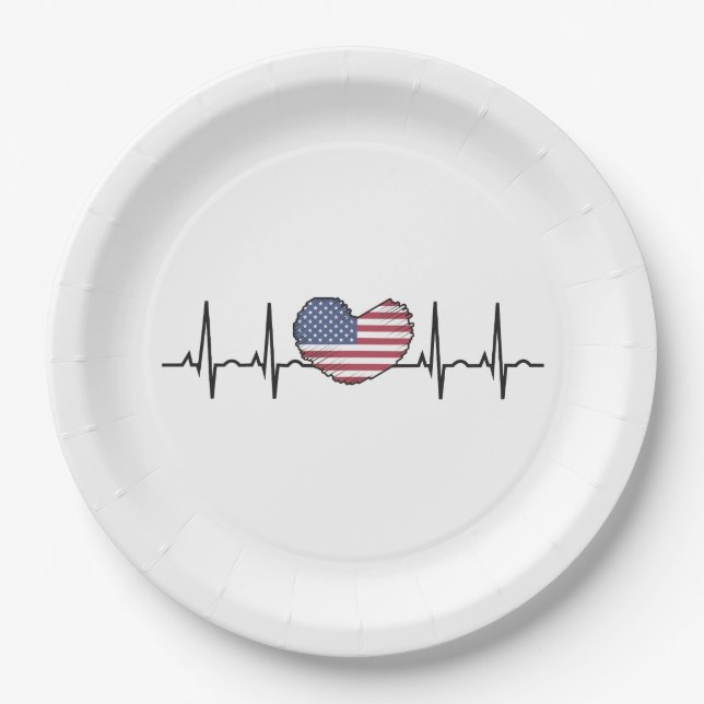 US Flag Heartbeat ECG Electrocardiography Paper Plate (Front)