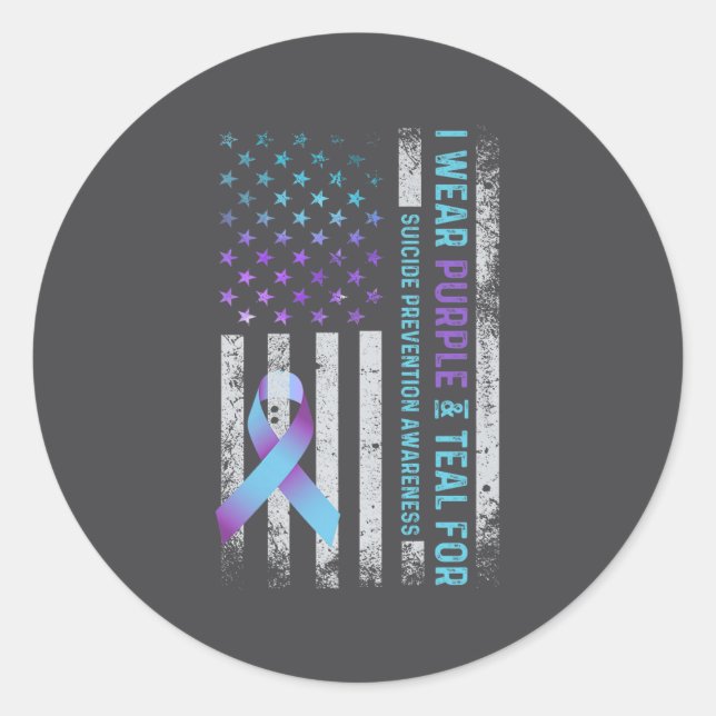 Us Flag I Wear Purple And Teal Suicide Prevention  Classic Round Sticker (Front)