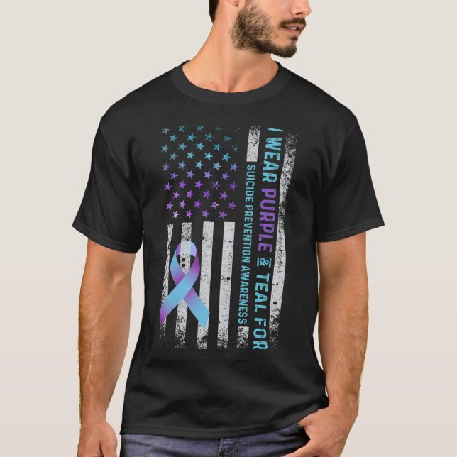 Us Flag I Wear Purple And Teal Suicide Prevention  T-Shirt (Front)