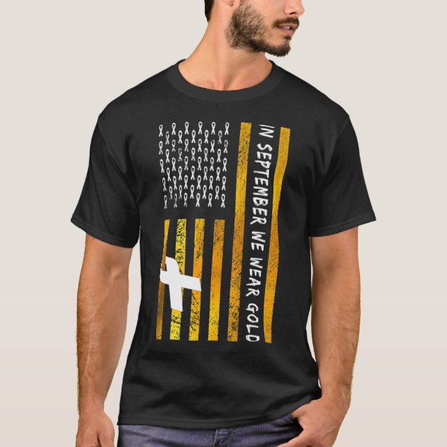 US Flag In September We Wear Gold Childhood Cancer T-Shirt (Front)