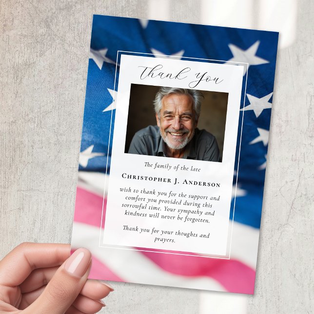 US Flag Military Patriotic Sympathy Photo Funeral Thank You Card (Creator Uploaded)