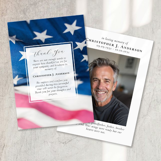 US Flag Military Patriotic Sympathy Photo Funeral Thank You Card (Creator Uploaded)