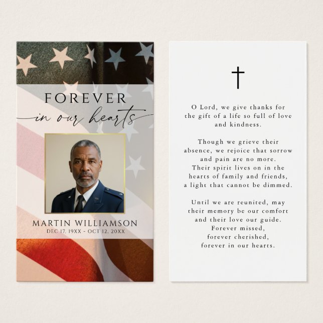 US Flag Military Photo Cross Memorial Prayer Card (Front & Back)