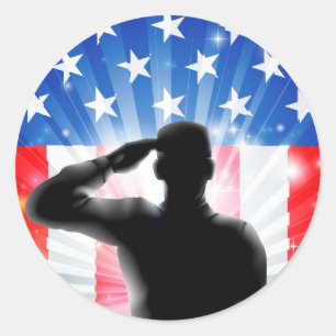 US flag military soldier saluting in silhouette Classic Round Sticker